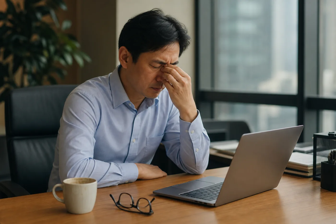 원목 책상 위 식은 커피잔과 노트북 앞에서 안경을 벗고 눈을 누르는 40대 직장인 — 고양 향동 경희미르애한의원 청장년 보약 칼럼