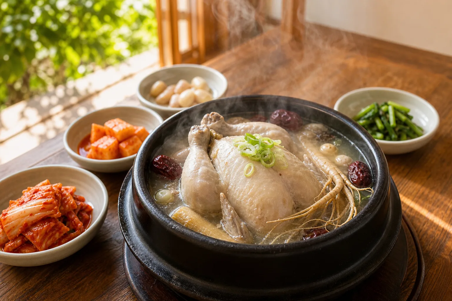 복날 상차림으로 김이 오르는 삼계탕 뚝배기 — 향동 경희미르애한의원 여름 보약 칼럼