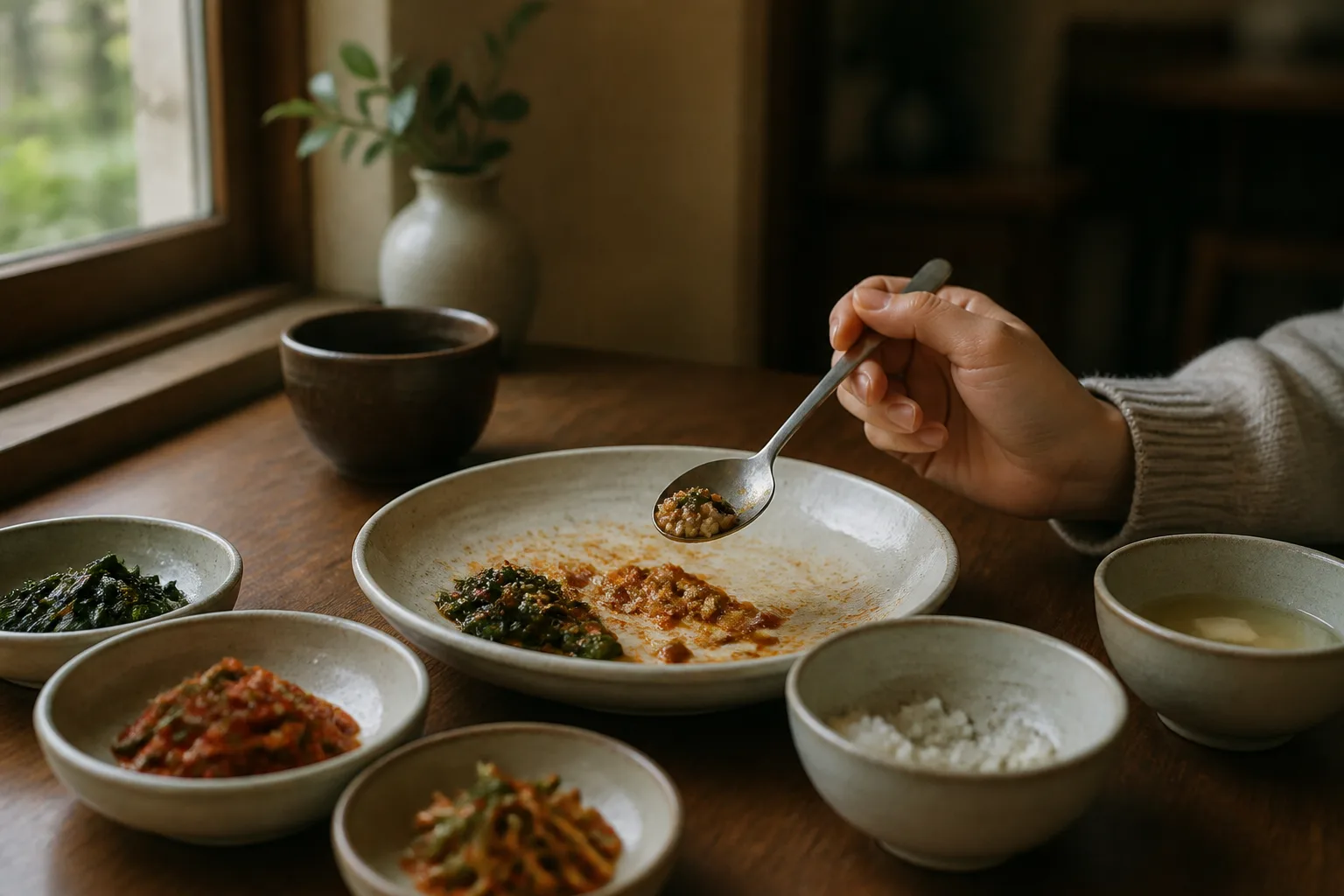 흰 접시에 절반쯤 남은 식사를 앞에 두고 수저를 든 채 망설이는 손 클로즈업 — 배부른 걸 알면서도 계속 먹고 싶은 식탐의 순간, 고양 향동 경희미르애한의원 늘씬다이어트 칼럼