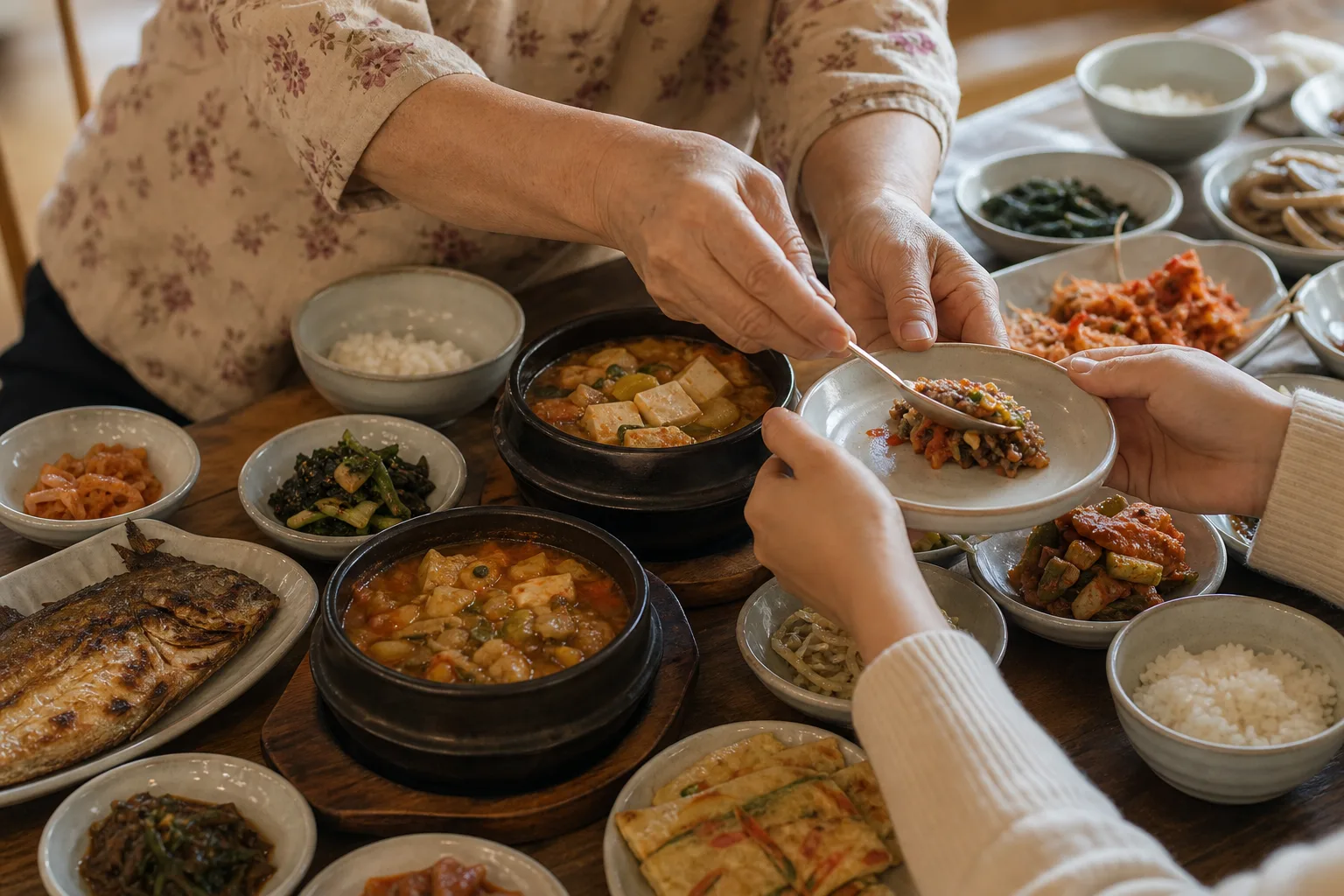 온 가족이 둘러앉은 풍성한 한식 상차림과 음식을 권하는 손길 — 거절하기 어려운 가족 식사 자리가 만드는 3차 식욕, 경희미르애한의원 늘씬다이어트 칼럼