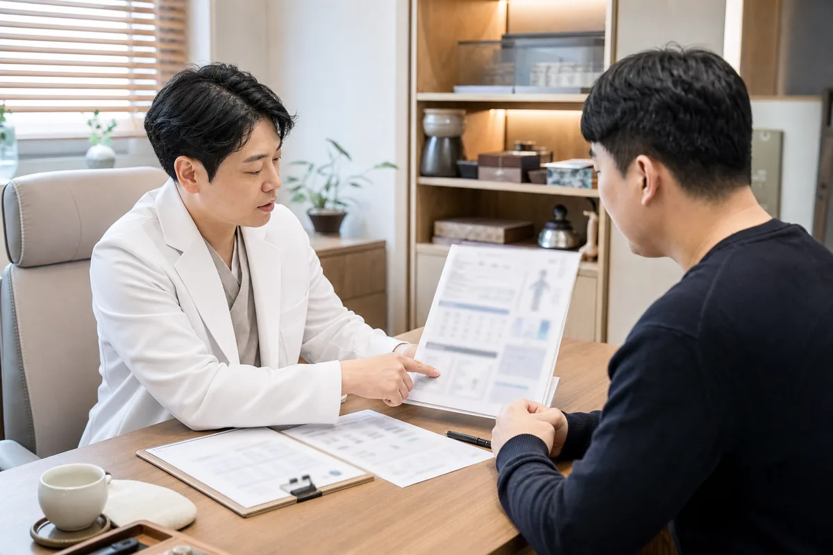 한의원 상담실에서 한의사가 체성분 분석 결과지를 짚으며 환자에게 설명하는 모습 — 늘씬다이어트 체성분 변화 상담, 향동 경희미르애한의원