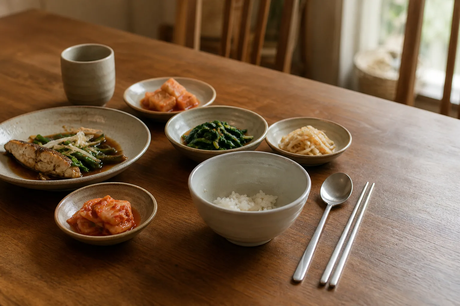 식사 중 수저를 가지런히 내려놓고 잠시 멈춘 한식 밥상 — 배가 어느 정도 찼을 때 멈추는 식사량 조절 훈련, 고양 향동 경희미르애한의원 늘씬다이어트 칼럼