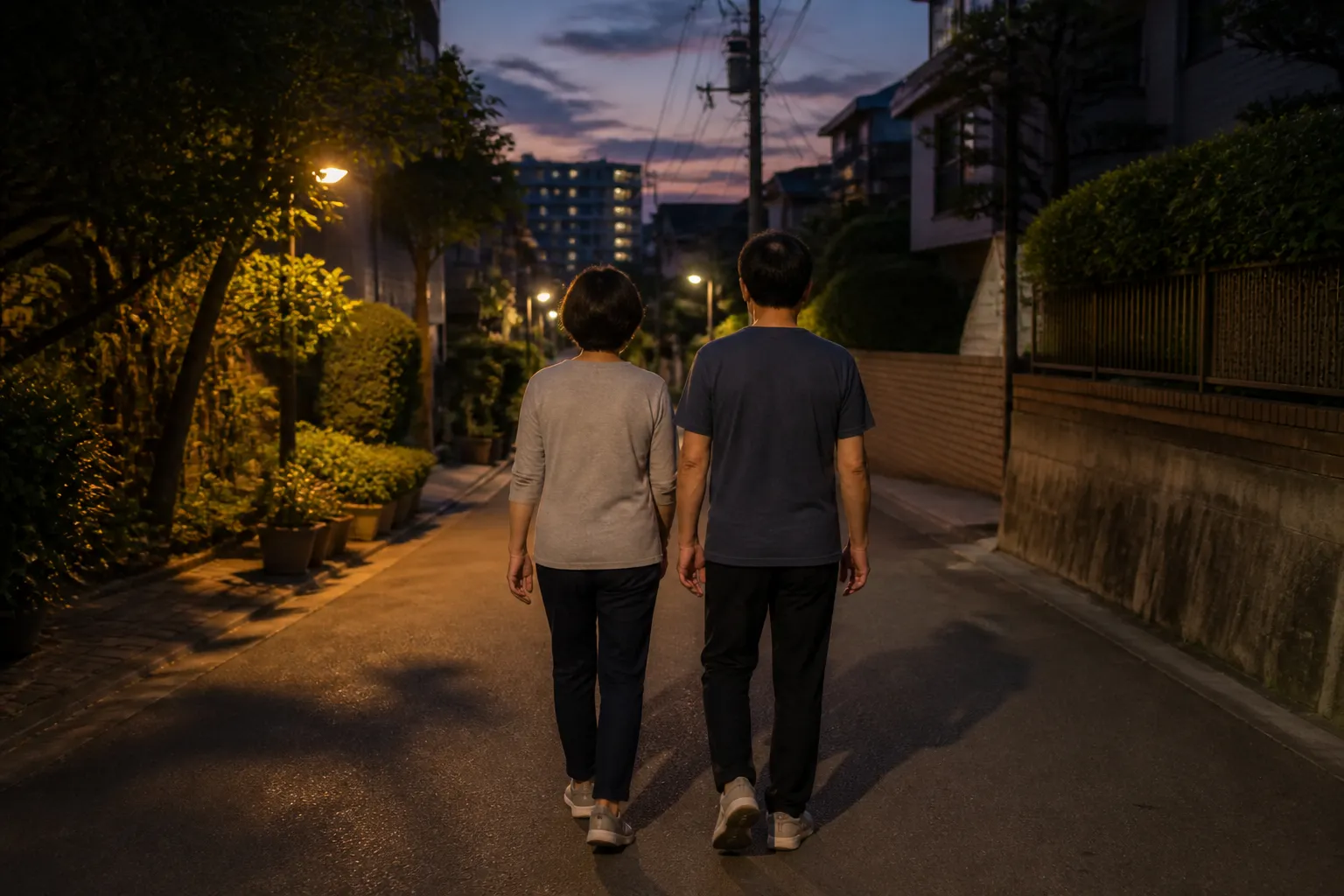 저녁 어스름 주택가 골목을 느긋하게 걷는 부부의 뒷모습 — 저녁 식사 후 가벼운 동네 산책, 고양 향동 경희미르애한의원 늘씬다이어트 칼럼