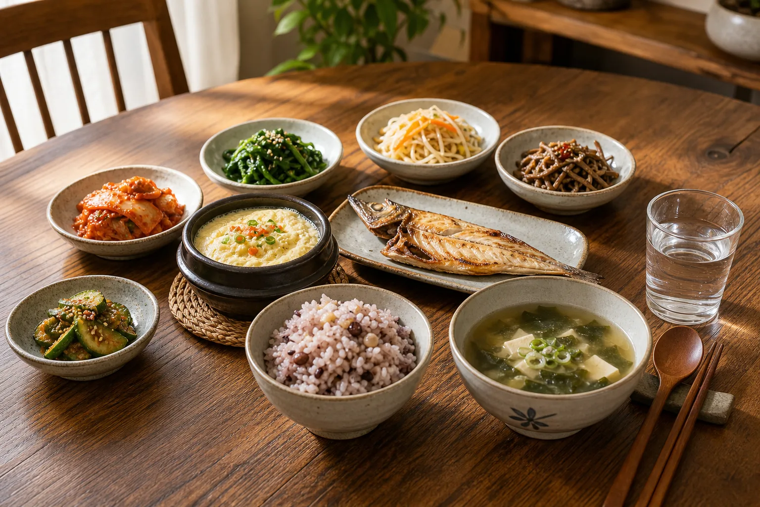 아침 햇살이 드는 원목 식탁에 차린 든든한 한식 아침 밥상 — 저녁금식 중에는 아침과 점심을 충실하게 먹는 것이 원칙, 고양 향동 경희미르애한의원 늘씬다이어트 칼럼