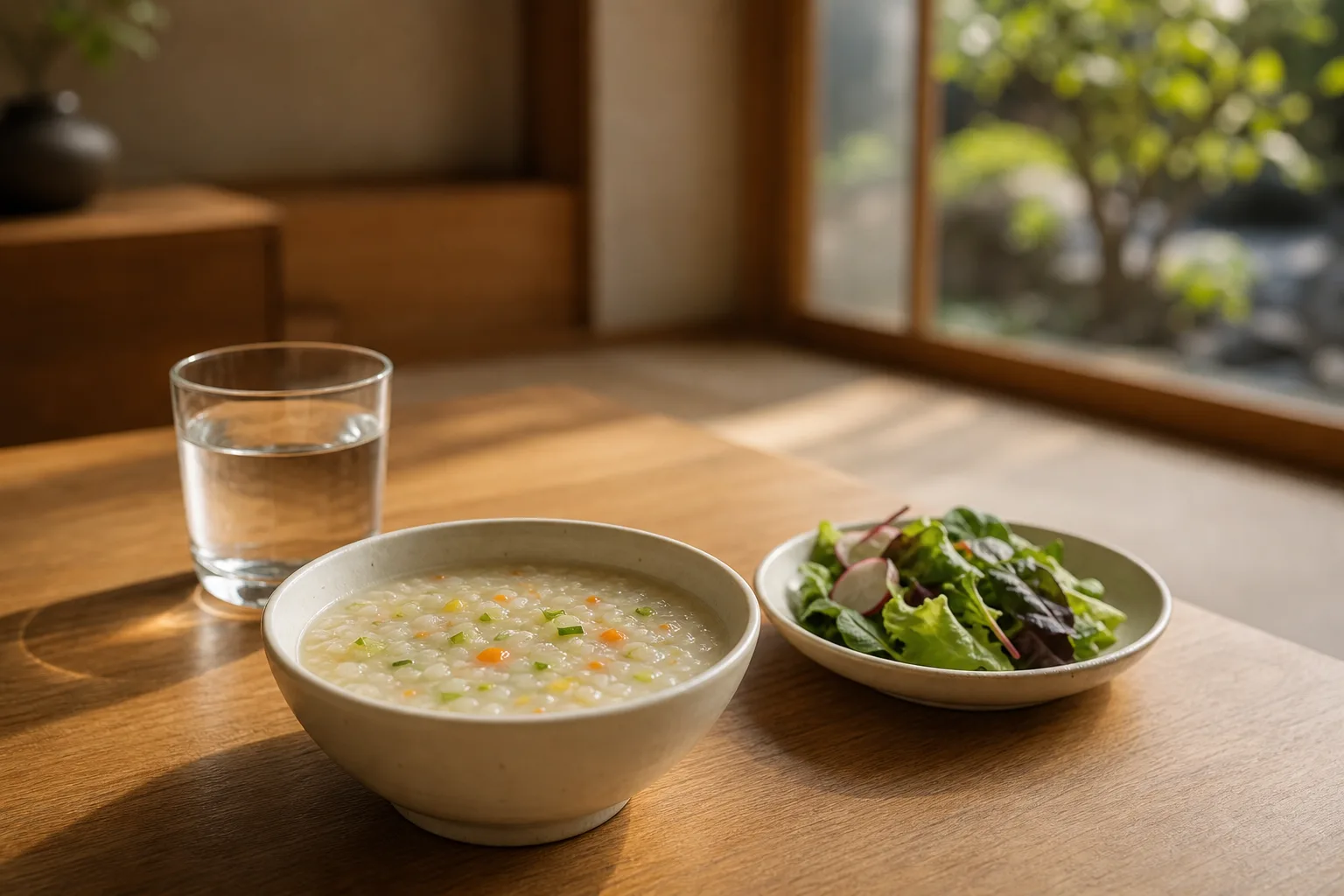 야채죽과 샐러드, 물 한 잔의 가벼운 저녁 식탁 — 휴가 후 체중 관리, 향동 경희미르애한의원 다이어트 칼럼