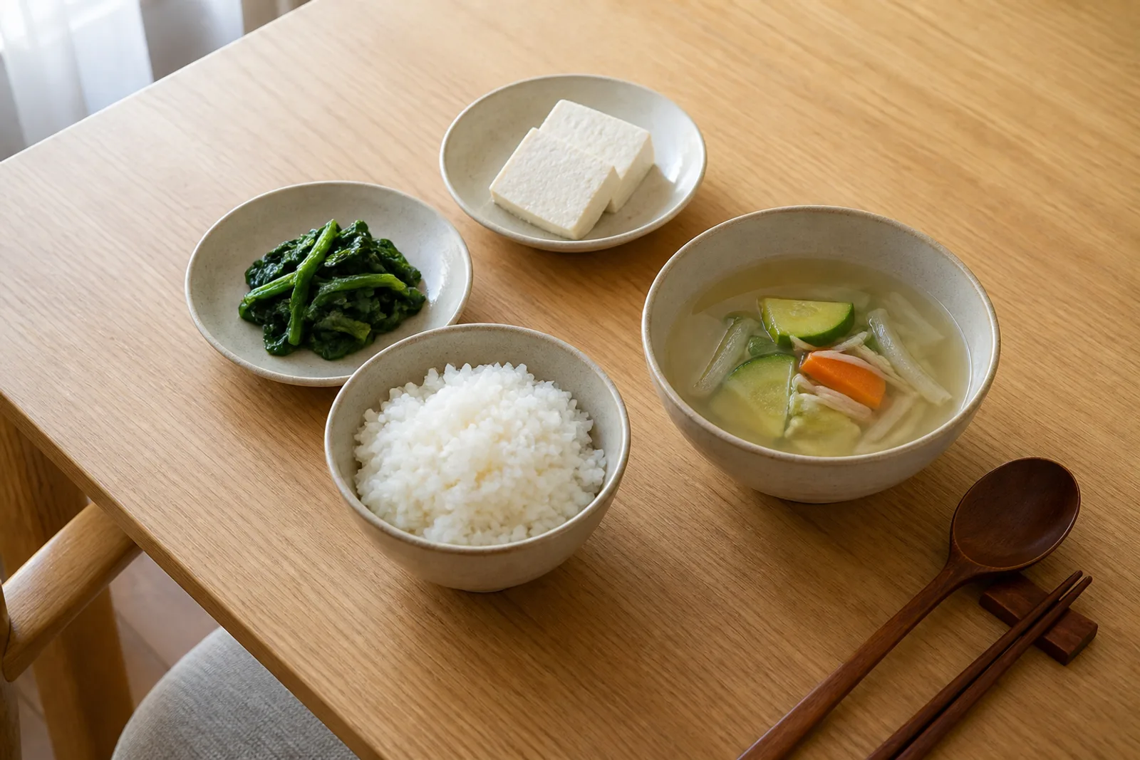 연한 원목 식탁에 차려진 담백한 1인 한식 밥상, 흰 쌀밥 한 공기와 맑은 채소국, 나물과 두부 반찬 — 정체기 식욕이 터진 날일수록 담백하게 배부르지 않게 먹는 것이 원칙, 고양 향동 경희미르애한의원 늘씬다이어트 칼럼