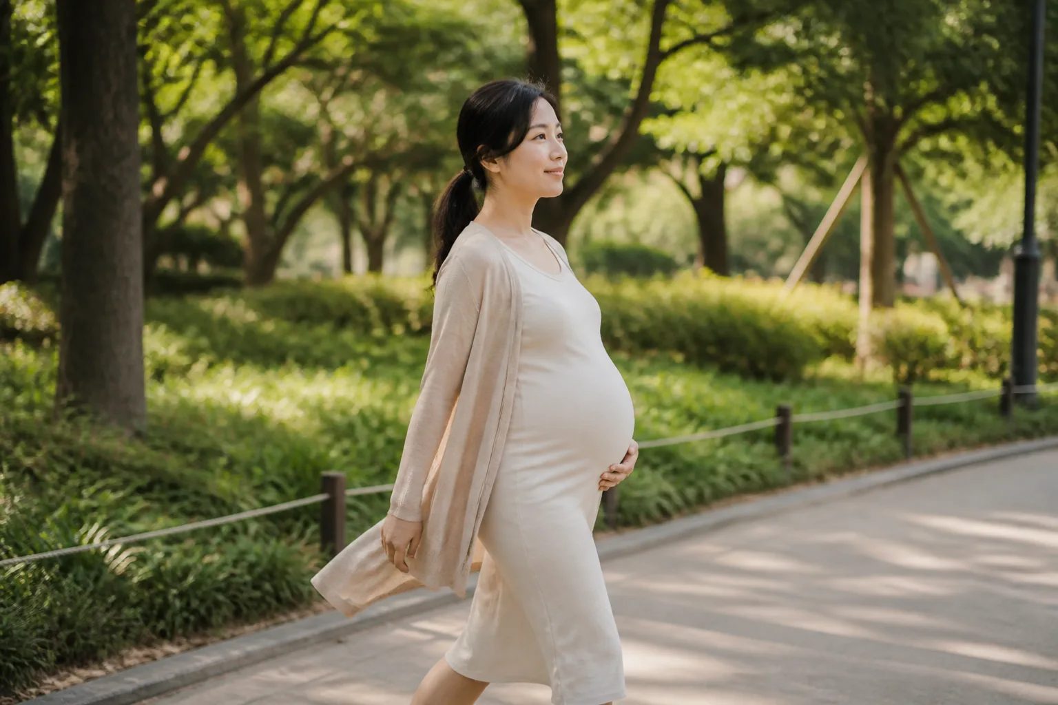 임산부가 나무가 늘어선 공원 산책로를 편안하게 걷는 모습 — 임신 중에도 지나친 체중 증가는 조절이 필요하다, 고양 향동 경희미르애한의원 늘씬다이어트 칼럼