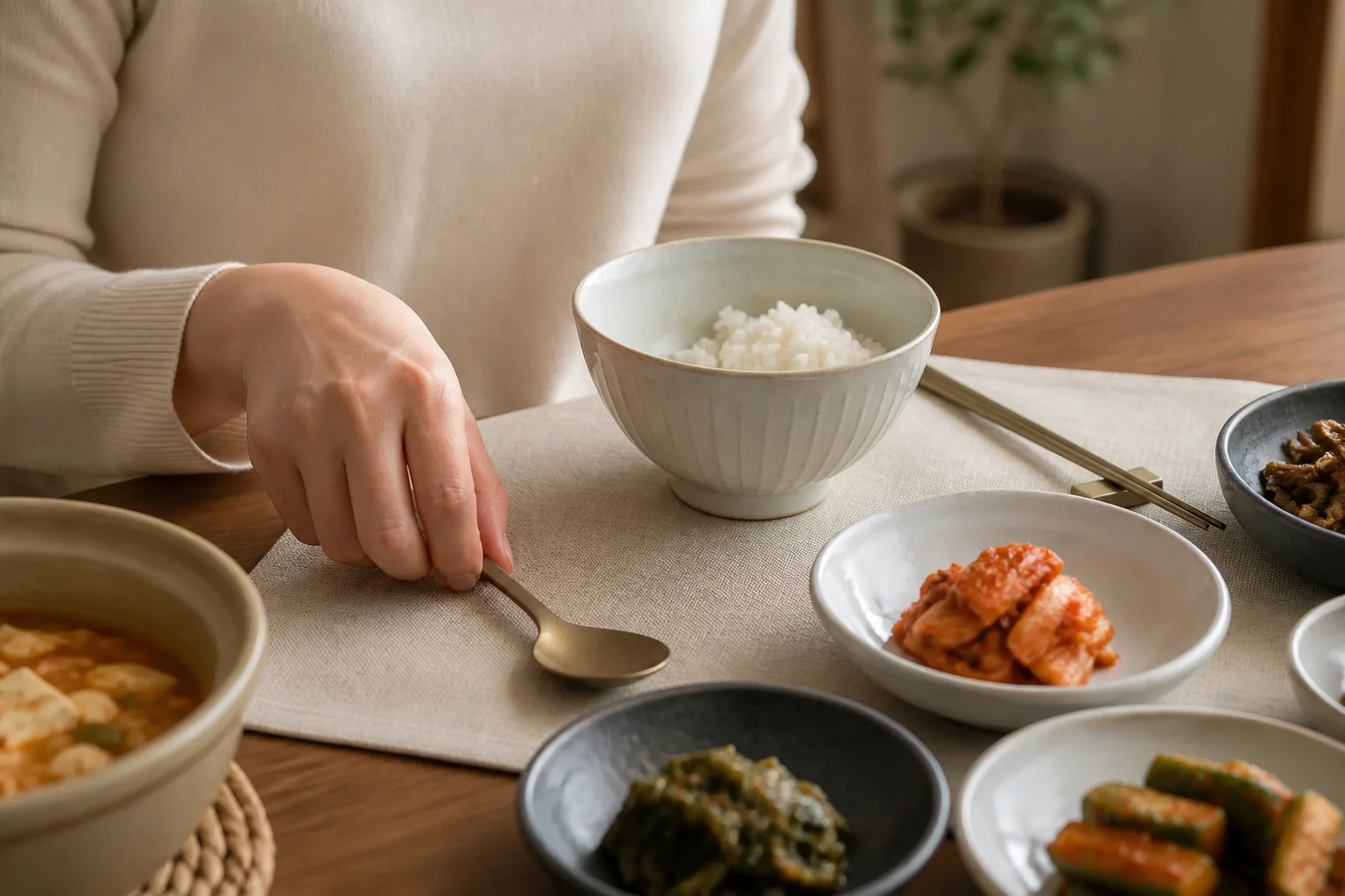 반쯤 남은 밥그릇과 반찬 옆에 수저를 내려놓는 손 — 배가 어느 정도 차는 느낌이 들면 수저를 내려놓는 훈련, 고양 향동 경희미르애한의원 늘씬다이어트 칼럼