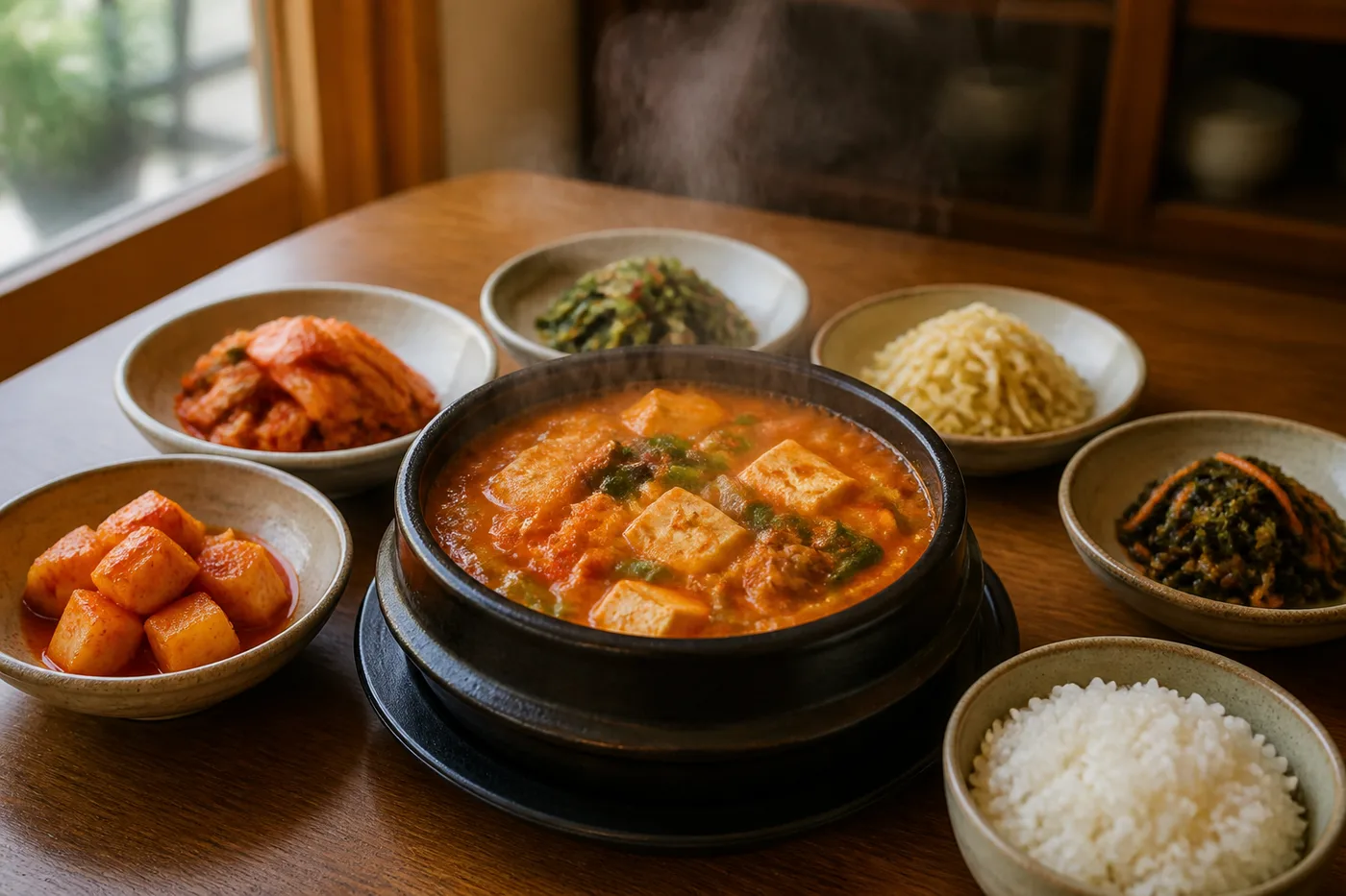 김이 오르는 얼큰한 빨간 국물 찌개와 흰 쌀밥, 짠 반찬이 차려진 식탁 — 짜고 매운 음식과 조미료는 다음 날 부종의 흔한 원인, 고양 향동 경희미르애한의원 늘씬다이어트 칼럼