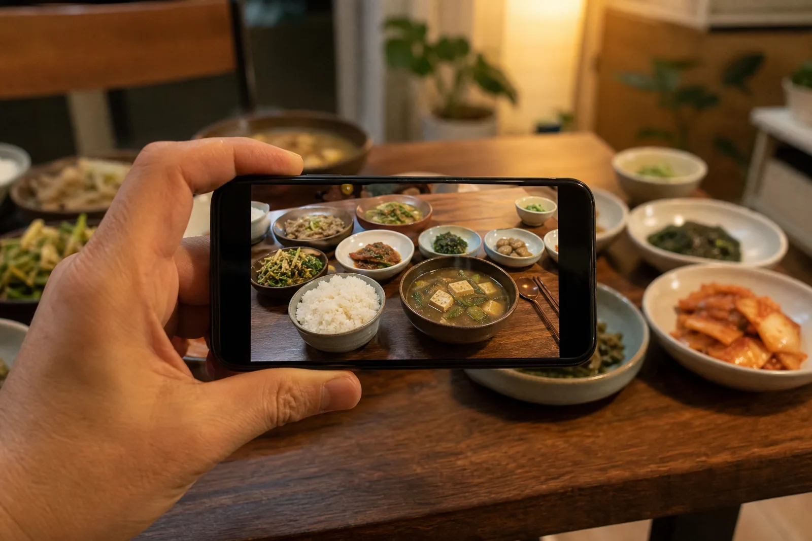 저녁 식탁에 차려진 집밥을 스마트폰으로 촬영해 기록하는 손 — 식단일기와 매일 피드백으로 내 식습관을 인지하고 교정하는 것이 요요 방지의 최선, 고양 향동 경희미르애한의원 늘씬다이어트 칼럼