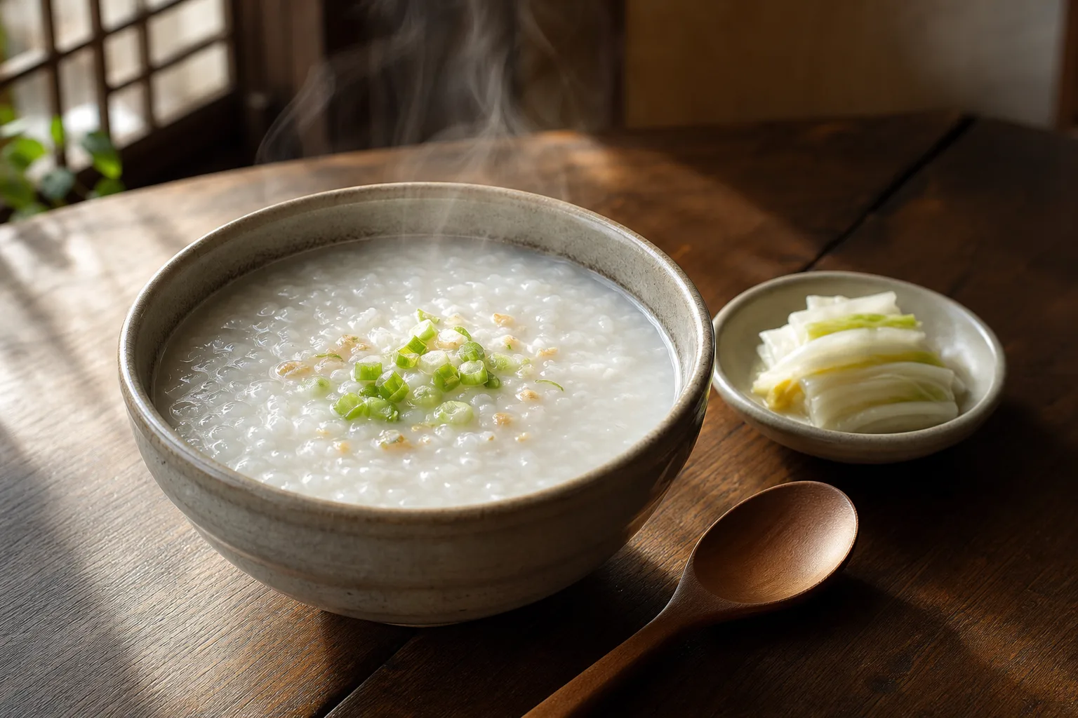 김이 오르는 따뜻한 흰죽 한 그릇과 나무 숟가락 — 위장을 쉬게 하는 식사, 향동 경희미르애한의원 소화기 칼럼