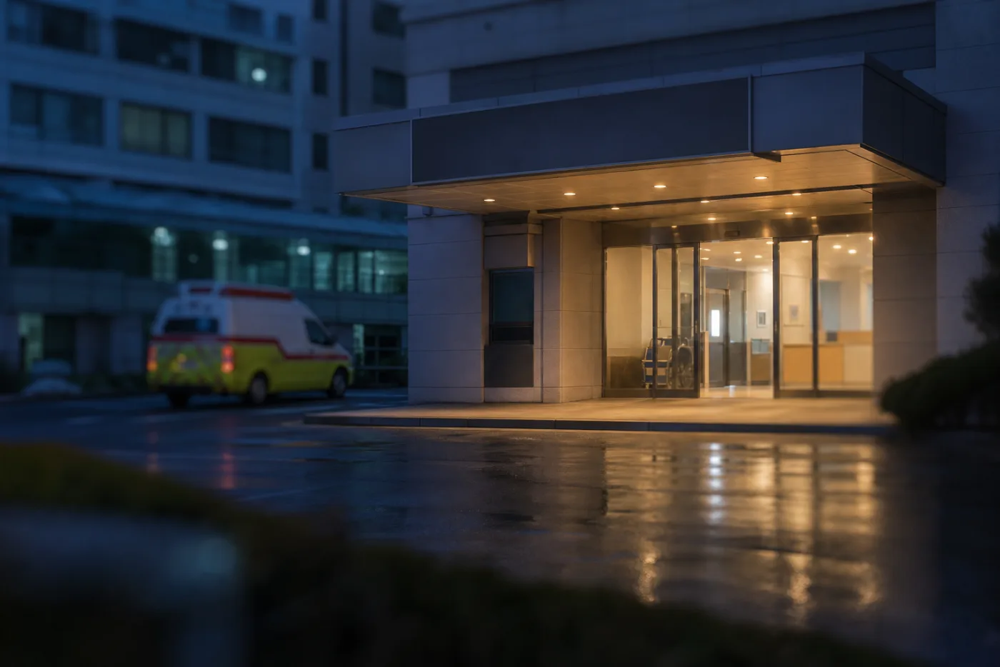 비 온 뒤 밤의 종합병원 응급실 입구, 캐노피 조명이 젖은 바닥에 비치고 구급차 한 대가 서 있는 장면 — 얼굴 마비에 신경 증상이 함께 오면 응급실이 먼저입니다, 향동 경희미르애한의원 안면마비 칼럼