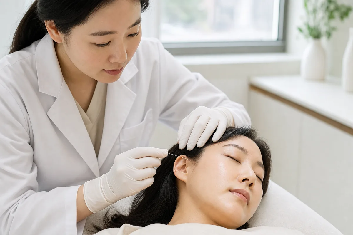 흰색 니트릴 장갑을 낀 한의사가 누워 있는 환자의 얼굴 옆 경혈에 가는 침을 조심스럽게 놓는 근접 장면 — 향동 경희미르애한의원 안면마비 침 치료