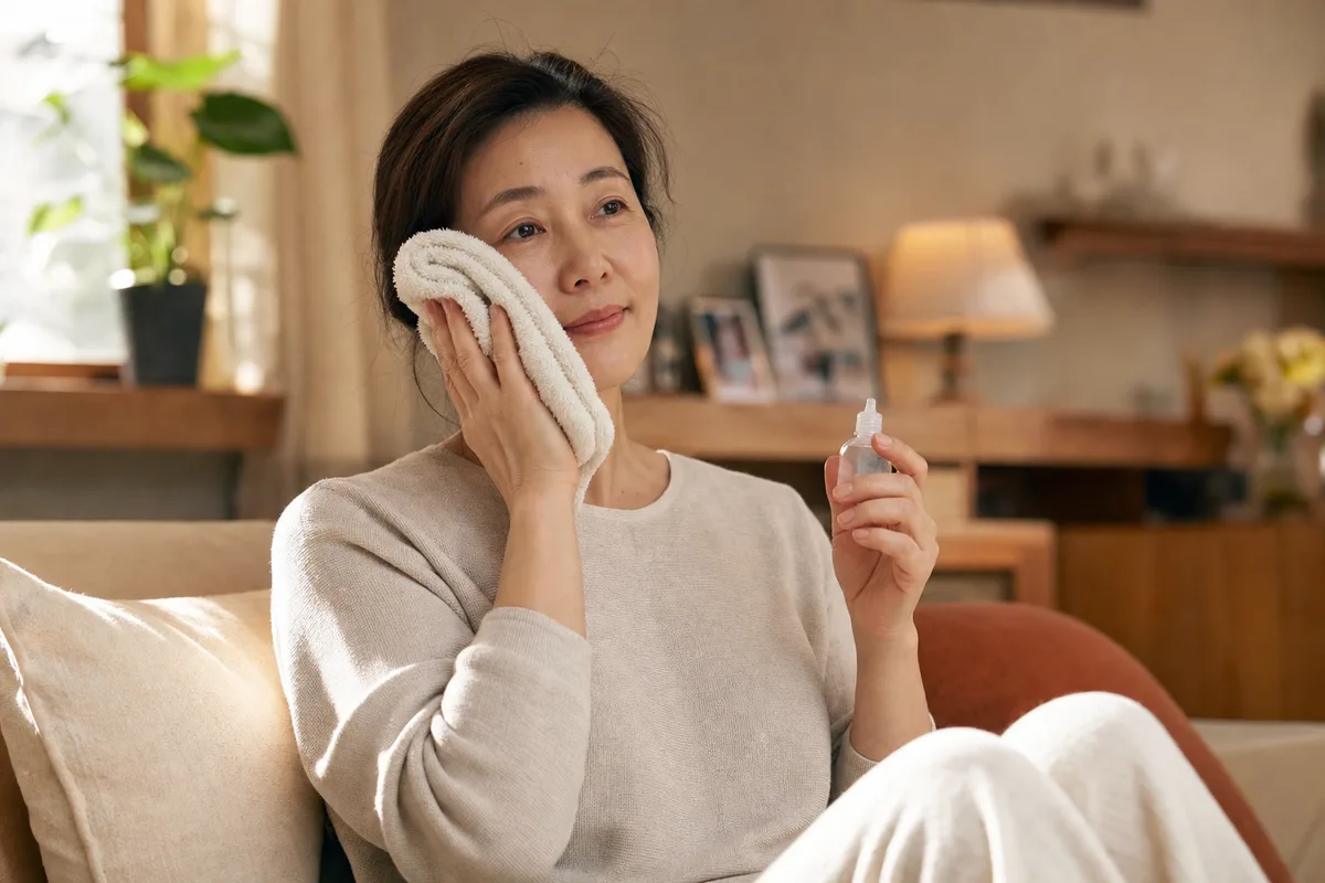 거실 소파에서 따뜻한 물수건으로 한쪽 뺨을 온찜질하며 눈 보호 용품을 준비하는 중년 여성 — 안면마비 회복기 집에서의 관리, 향동 경희미르애한의원