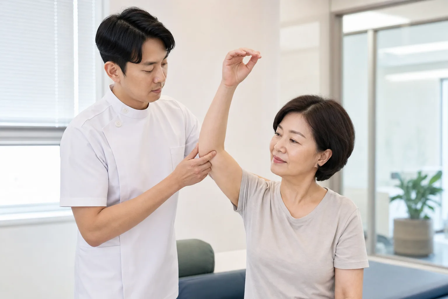 한의사가 환자의 팔을 받쳐 들어 올리며 어깨 가동범위를 확인하는 진료 장면 — 오십견과 회전근개 파열 감별 검사, 고양 향동 경희미르애한의원