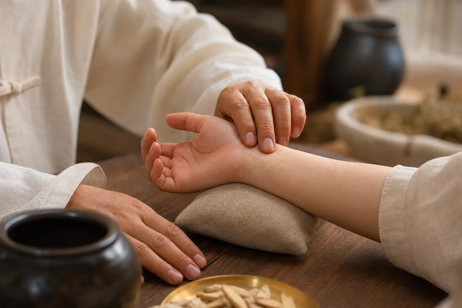 손목 맥을 짚는 한의사의 진맥 장면 — 복용 전 상담, 향동 경희미르애한의원 미르애 공진단 칼럼