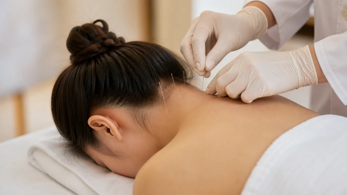 환자의 뒷목과 어깨 부위에 침 치료를 시행하는 장면 — 경추성 두통의 목 근육 긴장 완화, 향동 경희미르애한의원 통증 클리닉
