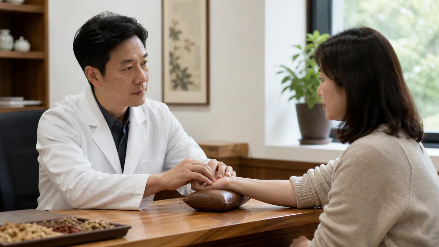 한의원 진료실에서 원장이 환자의 손목을 짚어 맥을 보며 상담하는 장면 — 향동 경희미르애한의원 치료한약 클리닉 불면 진료