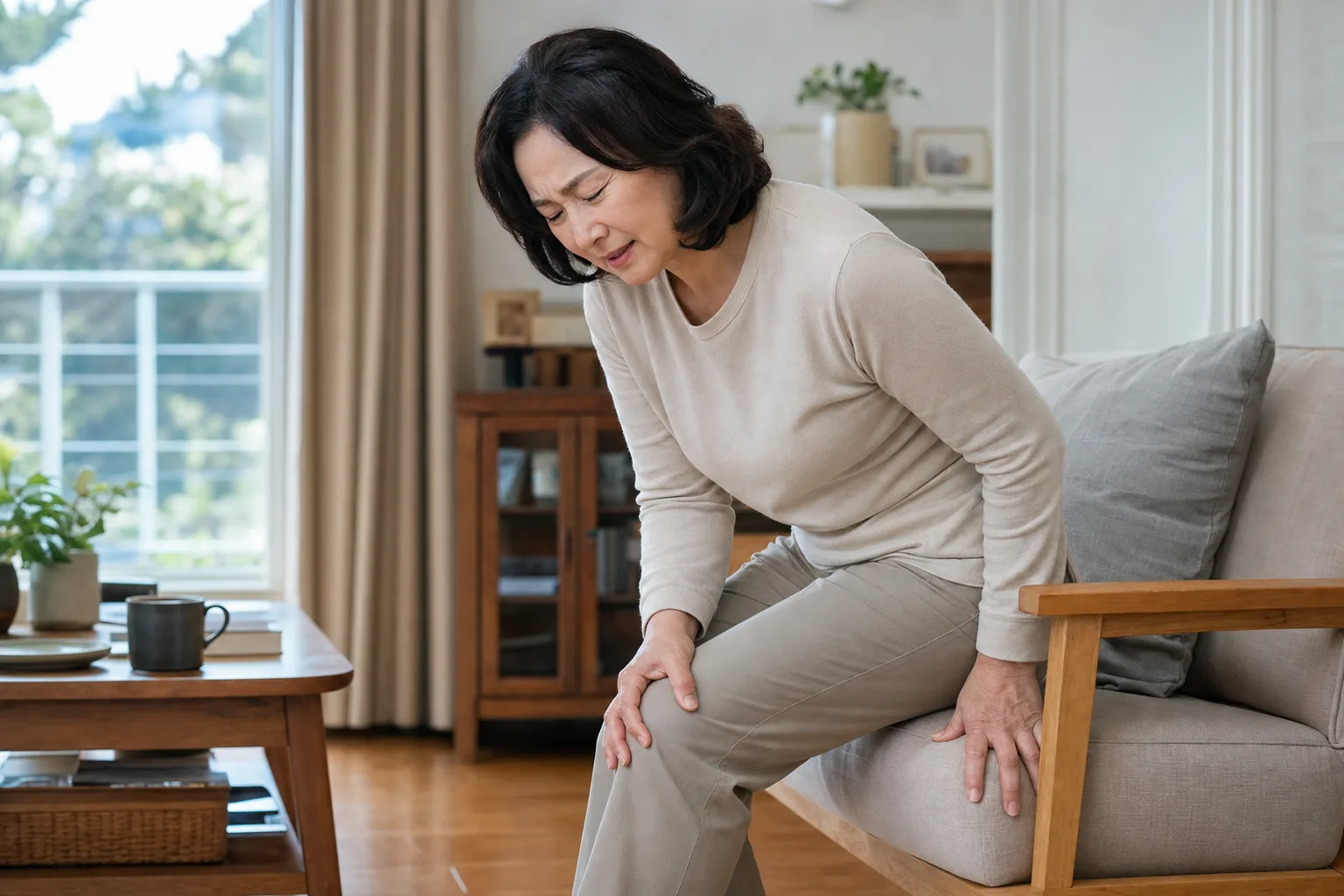 의자에서 일어나며 한 손으로 무릎을 짚는 중년 여성 — 앉았다 일어날 때 시큰한 무릎 관절염 초기 신호, 고양 향동 경희미르애한의원 통증 칼럼