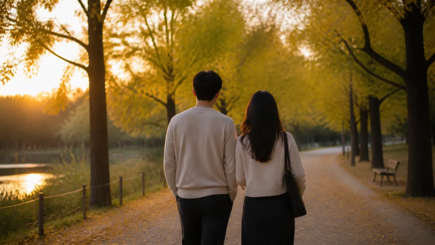 초가을 저녁 노을빛 공원 산책로를 나란히 걷는 부부의 뒷모습 — 임신 준비 기간의 생활 관리, 고양 향동 경희미르애한의원