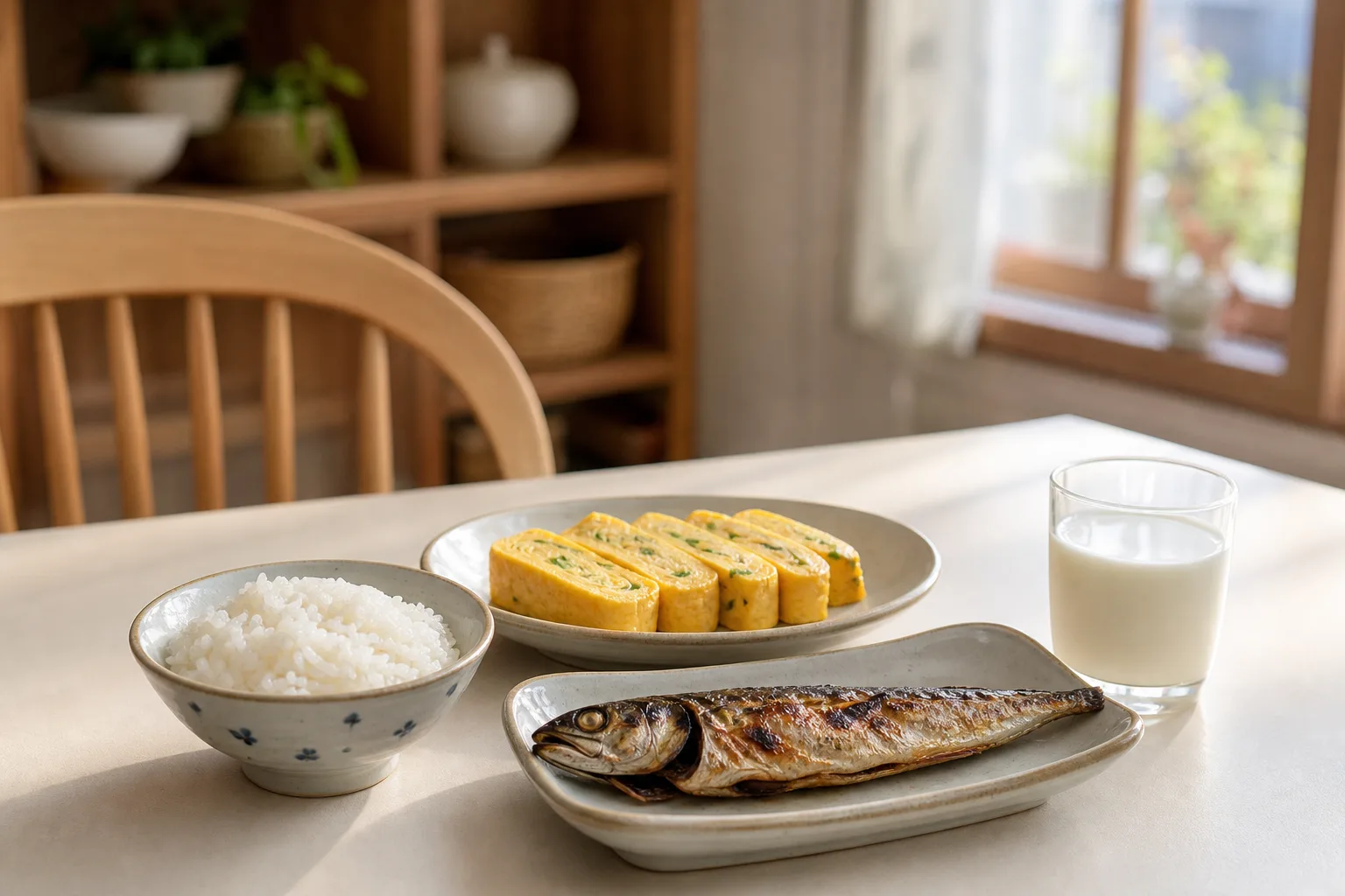 밥과 계란말이, 생선구이, 우유가 차려진 아이 아침 식탁 — 향동 경희미르애한의원 소아성장 클리닉 칼럼