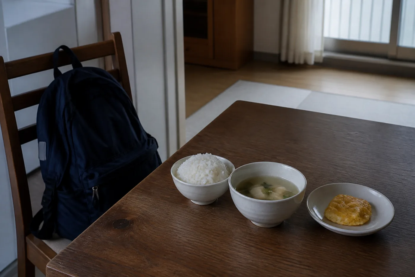 이른 아침 식탁에 거의 손대지 않은 채 남아 있는 아이 아침밥과 옆 의자에 놓인 책가방 — 개학 후 아침을 거르는 아이, 향동 경희미르애한의원 소아 칼럼