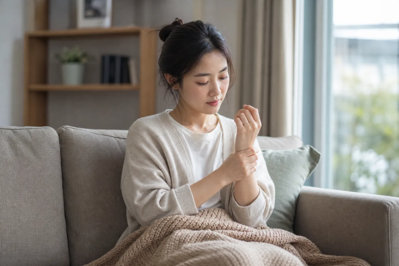 창가 소파에 앉아 손목을 감싸 쥐고 있는 산후 여성과 옆에 놓인 무릎담요 — 고양 향동 경희미르애한의원 산후보약 칼럼
