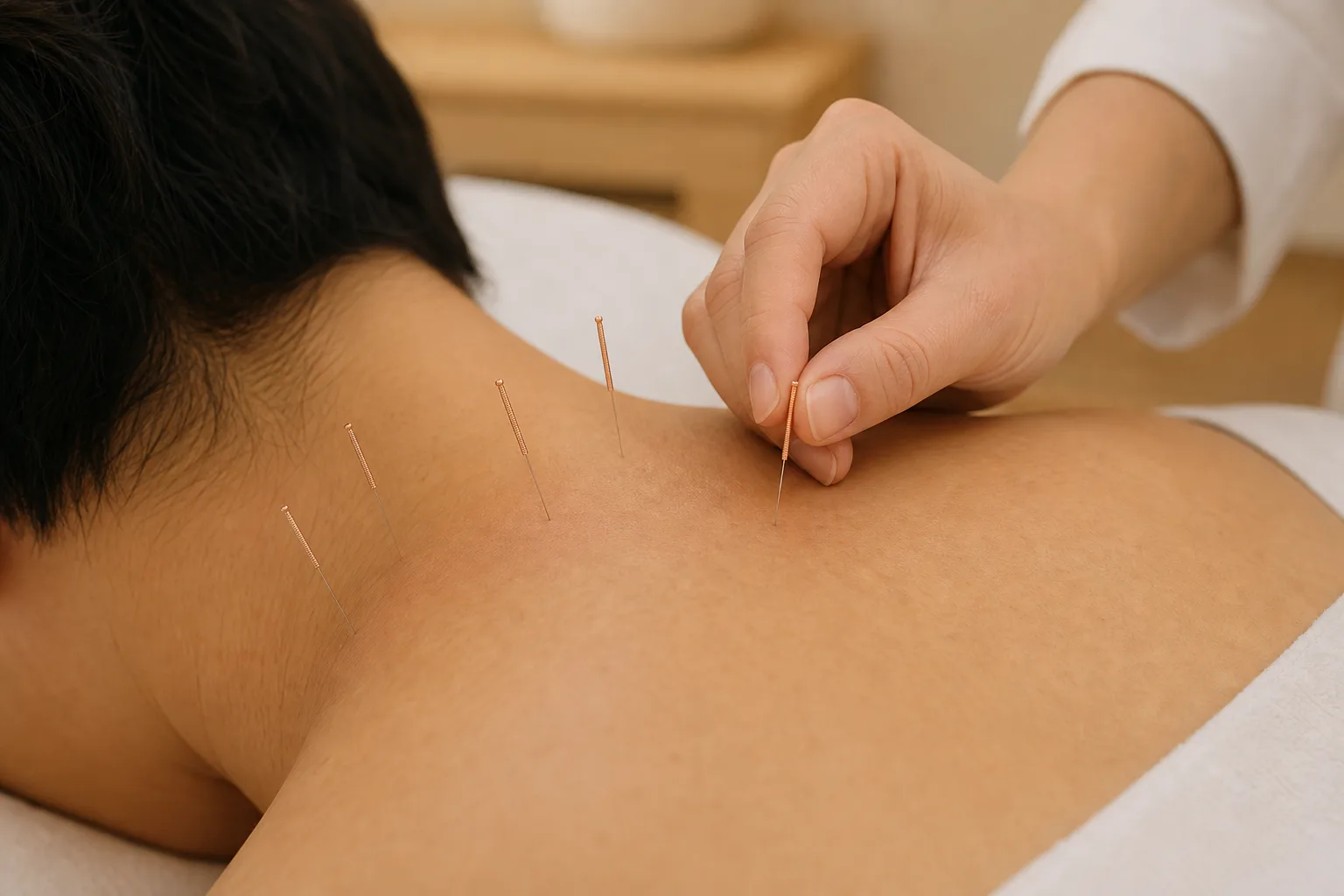 환자의 목과 어깨 부위 경혈에 침 치료를 하는 장면 — 승모근 통증유발점 침·약침 치료, 향동 경희미르애한의원