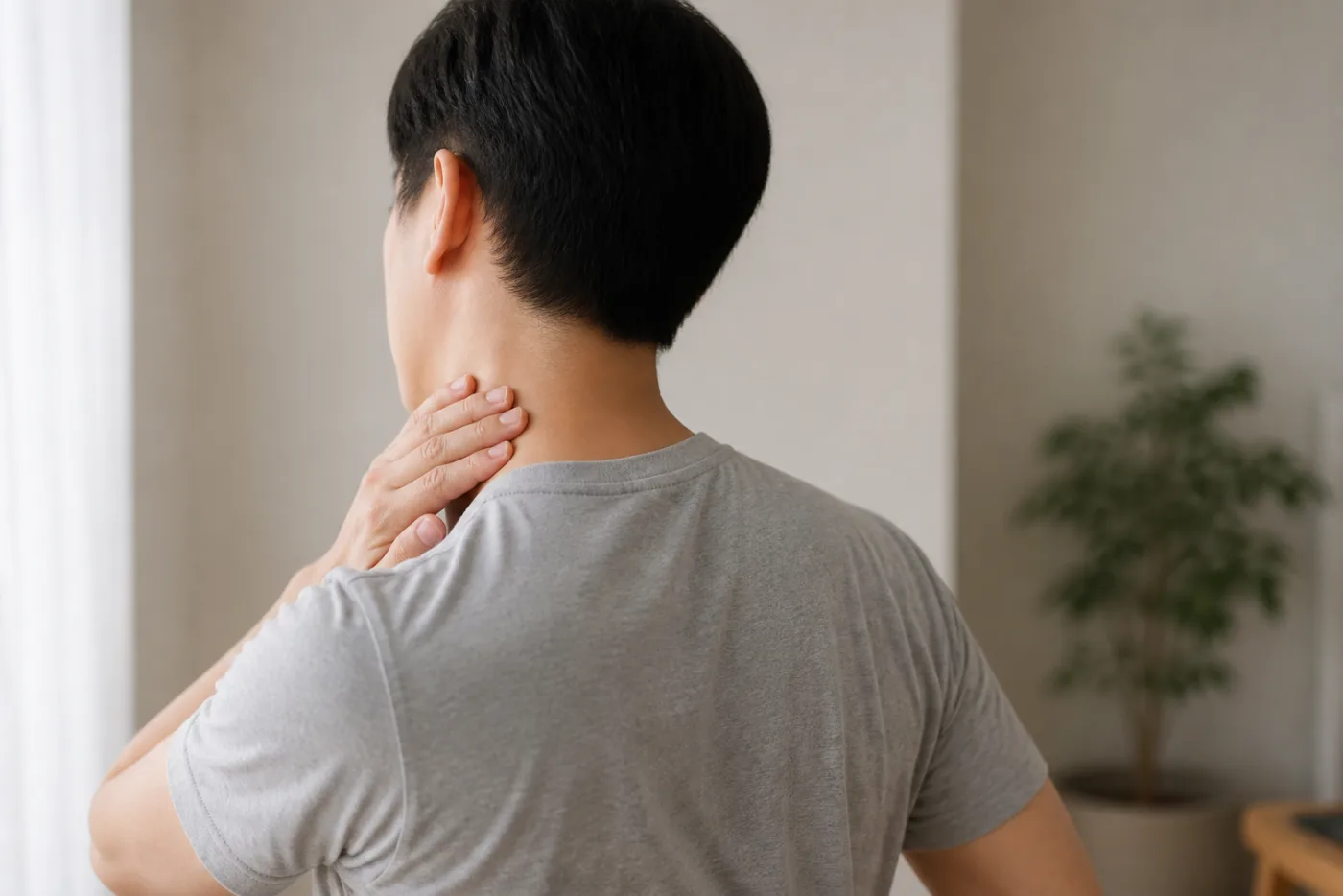 뒤에서 본 남성이 한 손으로 목 옆을 짚고 고개를 돌려 가동범위를 확인하는 모습 — 교통사고 후 회복 정도 점검, 향동 경희미르애한의원