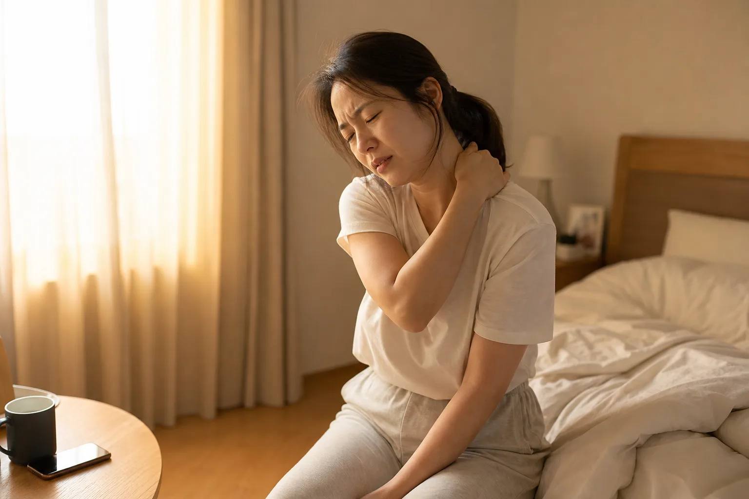 이른 아침 침대에 걸터앉아 뻣뻣해진 목과 어깨를 손으로 짚고 있는 30대 여성 — 교통사고 며칠 뒤 시작되는 목 통증, 향동 경희미르애한의원 교통사고 칼럼