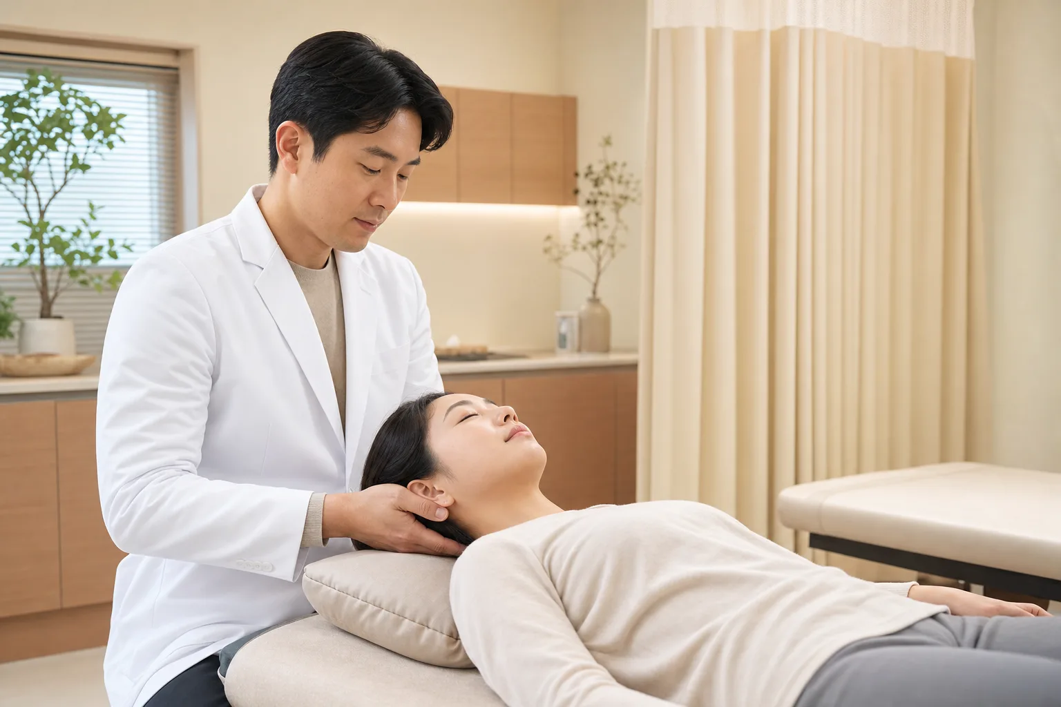 한의원 치료 베드에 누운 환자의 목을 양손으로 받쳐 부드럽게 교정하는 추나요법 — 향동 경희미르애한의원 교통사고 후유증 치료