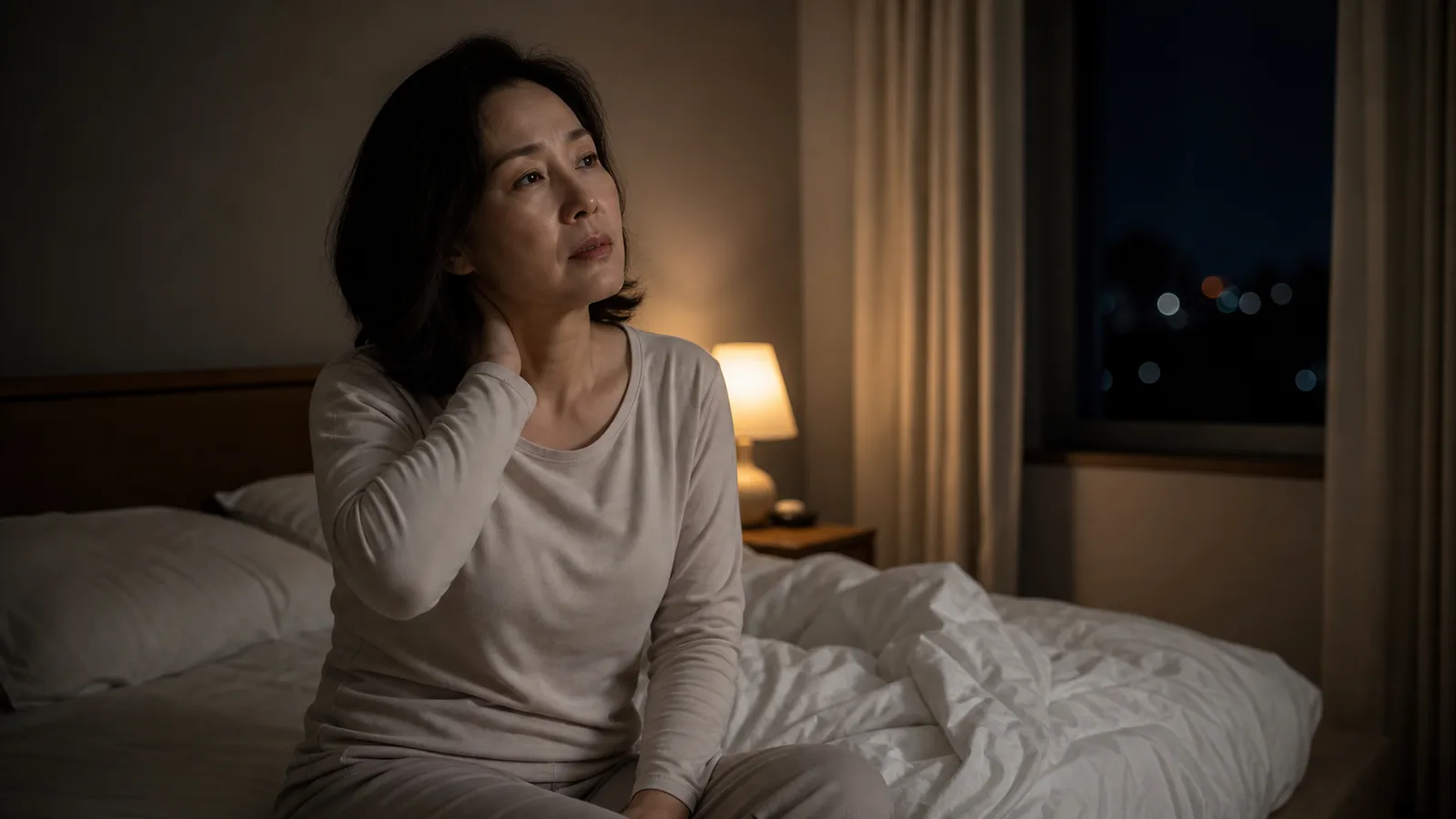 한밤중 잠에서 깨어 침대 가장자리에 앉아 있는 중년 여성 — 갱년기 불면과 밤중 발한, 고양 향동 경희미르애한의원 여성질환 칼럼