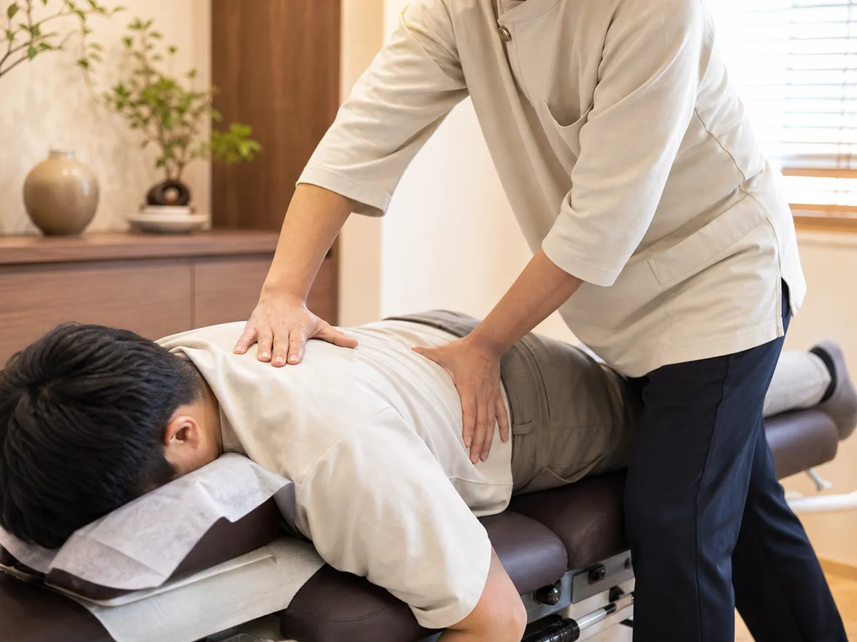 경희미르애한의원 고양향동점 통증신경클리닉 — 한의사가 엎드린 환자의 허리 통증 부위를 손으로 확인하며 치료하는 모습